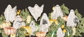 Vector horizontal seamless pattern with various ghosts in a pumpkin garden in engraving style